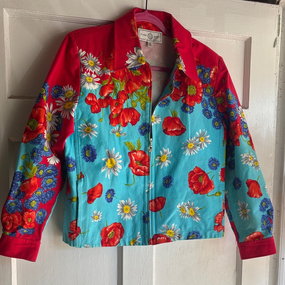 Vtge St. John Aster Red and Blue Floral Garden Bomber Jacket